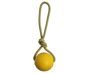 White background with a single yellow Hem & Boo TPR ball attached to a rope.