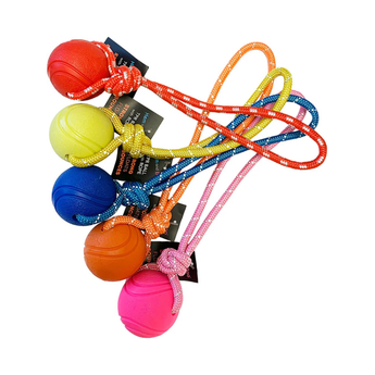 White background with a five Hem & Boo TPR balls attached to a ropes, in different colours: Red, Yellow, Blue, Orange and Pink.