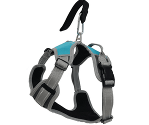 White background with a grey and blue Henry Wag Dog Travel Harness. 