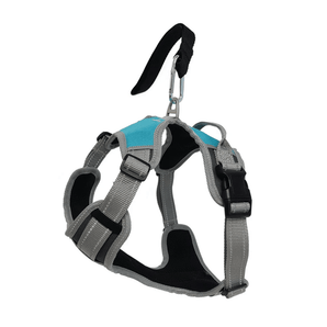 White background with a grey and blue Henry Wag Dog Travel Harness. 