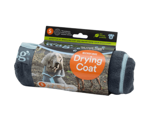 Henry Wag grey microfibre Drying Coat rolled up in a cardboard sleeve with text 'Henry Wag, Active Paws Outdoors, Microfibre Drying Coat' with a picture of a Weimaraner dog wearing in the drying coat on the packet. Pictured on a white background. 