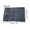 Grey microfibre pet cleaning towel laid out with measurements on either side indicting width 100cm, height 70cm. Above is the title 'Small' on a white background.
