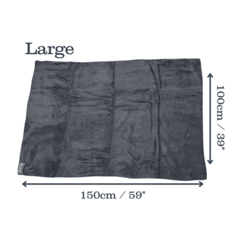Grey microfibre pet cleaning towel laid out with measurements on either side indicting width 150cm, height 100cm. Above is the title 'Large' on a white background.