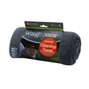 Grey microfibre cleaning towel rolled up in a cardboard sleeve with text 'Henry Wag, Active Paws Outdoors, Microfibre Cleaning Towel' with a picture of a Jack Russel wrapped in the towel on the packet. Pictured on a white background. 