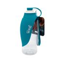 White background with a blue Henry Wag dog travel water bottle with a teal coloured overlapping 'leaf' bowl. Attached to a cardboard tag.