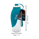 White background with a blue Henry Wag dog travel water bottle with a teal coloured overlapping 'leaf' bowl. Attached to a cardboard tag. Measurements above indicating width of 8cm and to the side showing height of 21.5cm. Below is the many features of the bowl. 