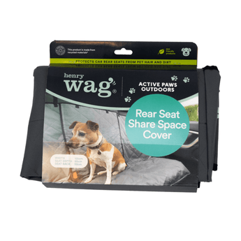 White background with a Henry Wag Rear Seat Share Space cover folded in cardboard packaging with a Jack Russell dog pictured on it.