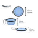 White background a small blue Henry Wag dog travel bowls with a black trim shown in different positions, in open and closed positions. Measurements are shown next to each stage of the position. 