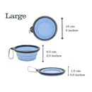 White background a large blue Henry Wag dog travel bowls with a black trim shown in different positions, in open and closed positions. Measurements are shown next to each stage of the position. 