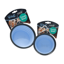 White background with two, one small and one large blue Henry Wag dog travel bowls with a black trim attached to a cardboard tag with a silver clip attachment on the tag. Pictured on the tag is a Labrador puppy. 