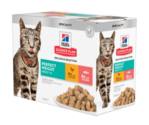 Box of wet cat food pouches with an adult brown tabby cat pictured on the box, text on the box says 'Perfect Weight Adult 1-6' and '6x with Chicken and 6x with Salmon' below is a picture of the wet food. 
