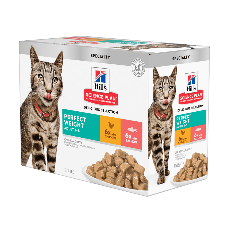 Box of wet cat food pouches with an adult brown tabby cat pictured on the box, text on the box says 'Perfect Weight Adult 1-6' and '6x with Chicken and 6x with Salmon' below is a picture of the wet food. 