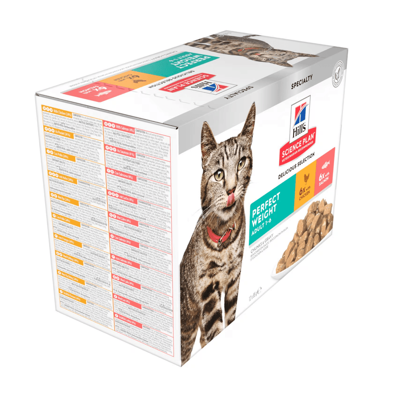 Side view box of wet cat food pouches with an adult brown tabby cat pictured on the box, text on the box says 'Perfect Weight Adult 1-6' and '6x with Chicken and 6x with Salmon' below is a picture of the wet food. 