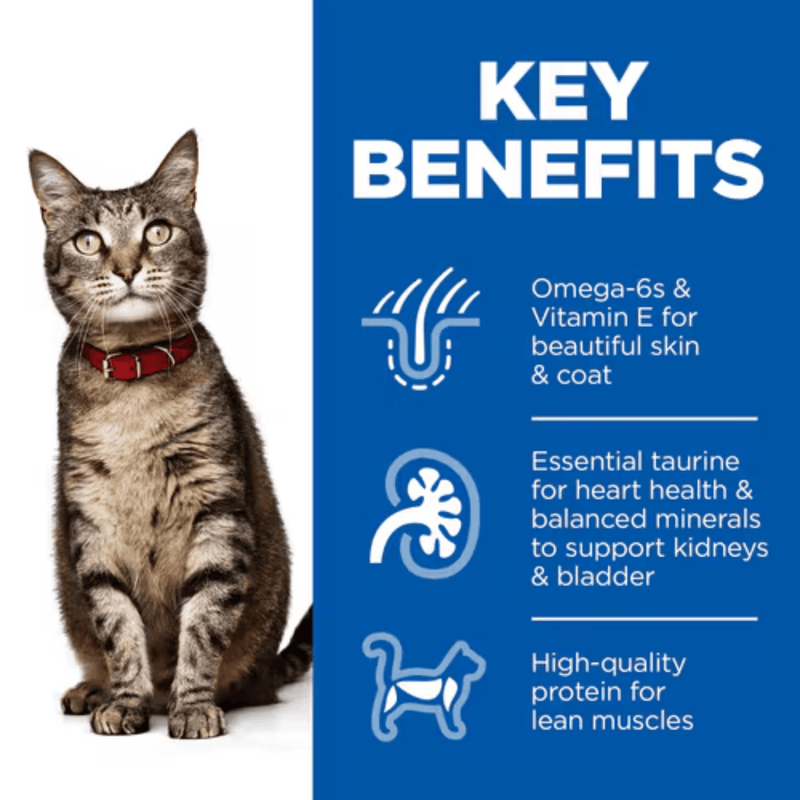 Picture of an adult tabby cat wearing a red collar pictured next to a blue section with white text stating 'Key Benefits, Omega-6s & Vitamin E for beautiful skin & coat, Essential taurine for heart health to support kidneys & bladder, High-quality protein for lean muscles'. 