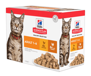 Box of wet cat food pouches with an adult brown tabby cat pictured on the box, text on the box says 'Adult 1-6' and 'with Chicken x6 and with Turkey x6' below is a picture of the wet food. 