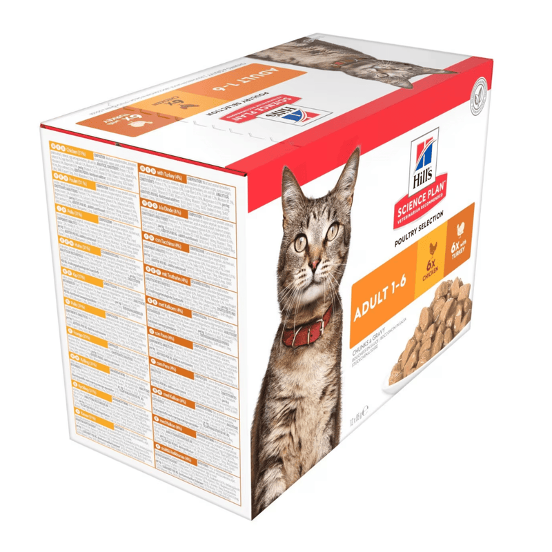 Side view of box of wet cat food pouches with an adult brown tabby cat pictured on the box, text on the box says 'Adult 1-6' and 'with Chicken x6 and with Turkey x6' below is a picture of the wet food. 