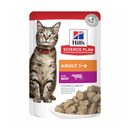 Wet cat food pouch with a brown tabby cat pictured on the packet, text on pouch says 'Adult 1-6' and 'with Beef' below is a picture of the wet food. 