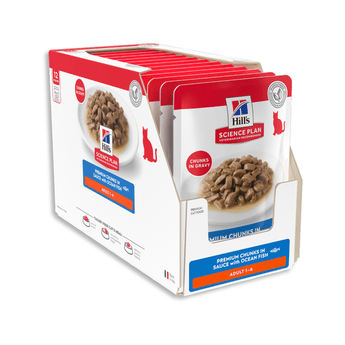 A retail display box filled with Hill's Science Plan Premium Chunks in Ocean Fish wet cat food pouches, shown on a clean white background.