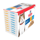Side view of box of Hills wet cat food with a brown and white tabby cat pictured on the packet, text on pouch says 'Mature Adult 7+' and '6x Chicken, 6x with Ocean Fish' below is a picture of the wet food. 