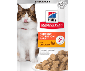 Wet cat food pouch with a brown and white tabby cat pictured on the packet, text on pouch says 'Perfect Digestion Adult 1+' and 'with Chicken' below is a picture of the wet food. 