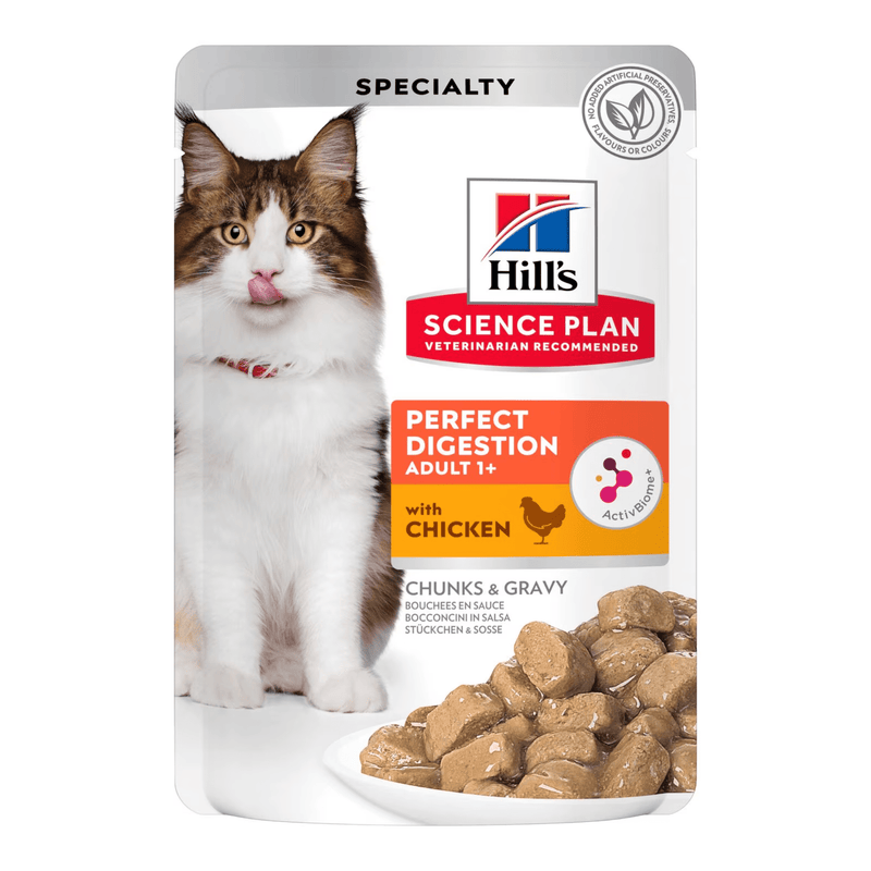 Wet cat food pouch with a brown and white tabby cat pictured on the packet, text on pouch says 'Perfect Digestion Adult 1+' and 'with Chicken' below is a picture of the wet food. 