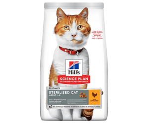 Hills Science Plan cat dry food packaged in a white bag with an adult ginger and white cat pictured on the bag. Text on bag say 'Hill's Science Plan, veterinarian recommended' and 'Speciality Sterilised Cat, Adult 1-6 years' with a chicken pictured with text 'with Chicken' beneath on white background. 