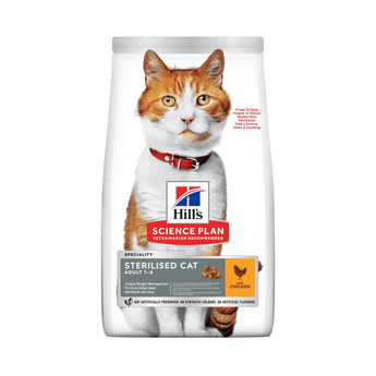 Hills Science Plan cat dry food packaged in a white bag with an adult ginger and white cat pictured on the bag. Text on bag say 'Hill's Science Plan, veterinarian recommended' and 'Speciality Sterilised Cat, Adult 1-6 years' with a chicken pictured with text 'with Chicken' beneath on white background. 