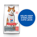 Hills Science Plan cat dry food packaged in a white bag with an adult ginger and white cat pictured on the bag. Text on bag say 'Hill's Science Plan, veterinarian recommended' and 'Speciality Sterilised Cat, Adult 1-6 years' with a salmon pictured with text 'with salmon' beneath. Large blue circle pictured over the side of the bag with white text saying 'Helps keep sterilised cats lean' 
