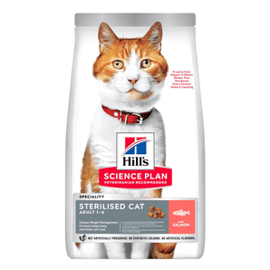 Hills Science Plan cat dry food packaged in a white bag with an adult ginger and white cat pictured on the bag. Text on bag say 'Hill's Science Plan, veterinarian recommended' and 'Speciality Sterilised Cat, Adult 1-6 years' with a salmon pictured with text 'with salmon' beneath on white background. 