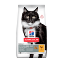 Hills Science Plan cat dry food packaged in a white bag with an adult black and white cat pictured on the bag. Text on bag say 'Hill's Science Plan, veterinarian recommended' and 'Sterilised Cat, Mature Adult 7+' with a chicken pictured with text 'with chicken' beneath on white background. 