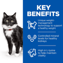 Picture of a black and white adult cat pictured next to a blue section with white text stating 'Key Benefits, Unique weight-management technology to support a healthy weight, Controlled mineral levels for healthy kidneys, High in L-lysine to help maintain vitality'. 