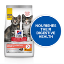 Hills Science Plan dry cat food packaged in a white bag with two kittens pictured on the bag. Text on bag says 'Hill's Science Plan, veterinarian recommended' and 'Perfect Digestion Kitten <1' with a chicken pictured with text 'Chicken with brown rice' beneath on white background. Large blue circle pictured over the side of the bag with white text saying 'Nourishes their digestive health' 