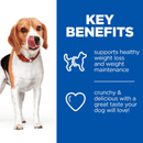 Picture of an adult brown and white Beagle dog pictured next to a blue section with white text stating 'Key Benefits, Supports healthy weight loss and weight maintenance, Crunchy & delicious with a great taste your dog will love!'