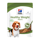 Hills Healthy Weight dog treats packaged in a white bag with an adult brown and white beagle dog pictured on the bag. Text on bag say 'Hill's, Healthy Weight Treats' on white background. 