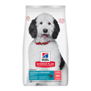 Hills Science Plan dry dog food packaged in a white bag with a grey and white adult dog pictured on the bag. Text on bag say 'Hill's Science Plan, veterinarian recommended' and 'Hypoallergenic, Large, Adult 1-5' with a salmon pictured with text 'with salmon' beneath on white background. 