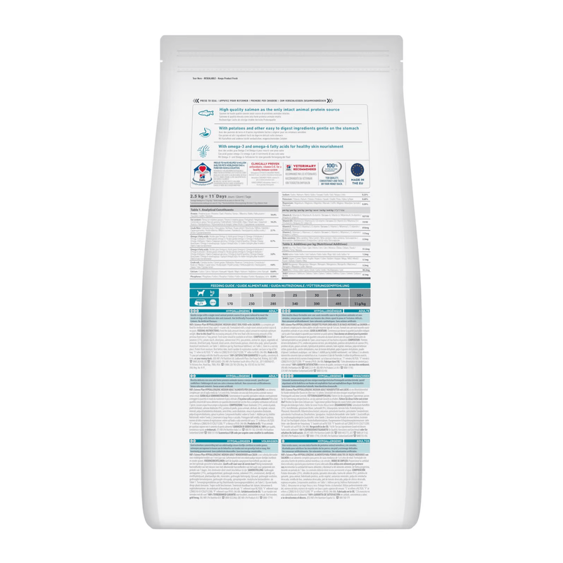 Back view of bag of Hills Science Plan dry dog food packaged in a white bag on white background.  