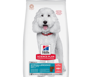 Hills Science Plan dry dog food packaged in a white bag with a white adult dog pictured on the bag. Text on bag say 'Hill's Science Plan, veterinarian recommended' and 'Hypoallergenic, Medium, Adult 1-6' with a salmon pictured with text 'with salmon' beneath on white background. 