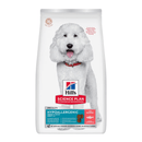 Hills Science Plan dry dog food packaged in a white bag with a white adult dog pictured on the bag. Text on bag say 'Hill's Science Plan, veterinarian recommended' and 'Hypoallergenic, Medium, Adult 1-6' with a salmon pictured with text 'with salmon' beneath on white background. 