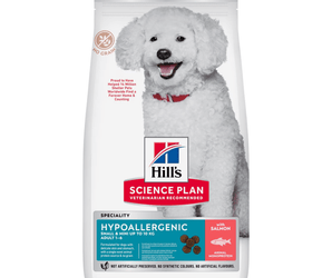 Hills Science Plan dry dog food packaged in a white bag with a white adult dog pictured on the bag. Text on bag say 'Hill's Science Plan, veterinarian recommended' and 'Hypoallergenic, Small & Mini, Adult 1-6' with a salmon pictured with text 'with salmon' beneath on white background. 
