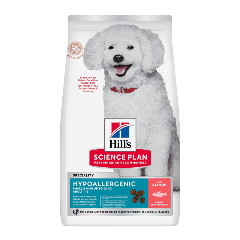 Hills Science Plan dry dog food packaged in a white bag with a white adult dog pictured on the bag. Text on bag say 'Hill's Science Plan, veterinarian recommended' and 'Hypoallergenic, Small & Mini, Adult 1-6' with a salmon pictured with text 'with salmon' beneath on white background. 