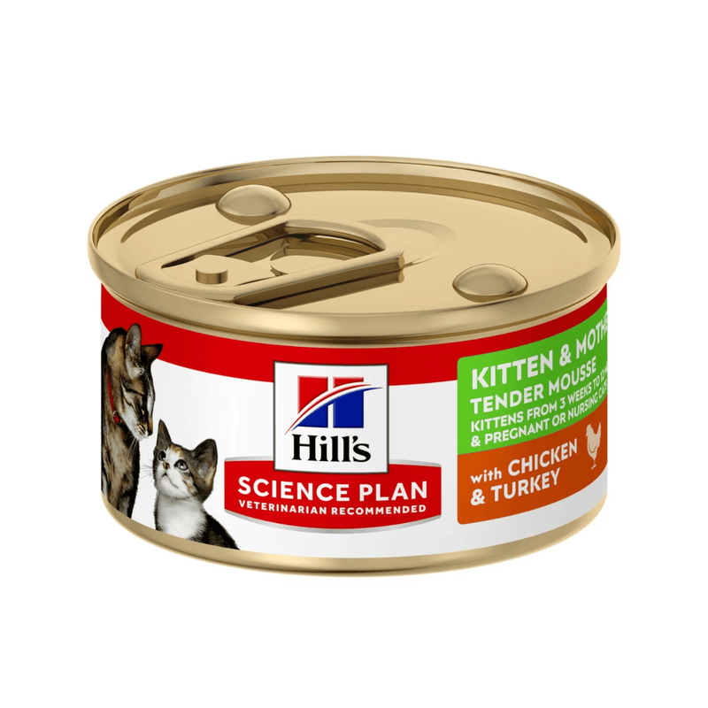 Hills Science Plan tin picturing an adult tabby cat with a tabby and white kitten. Text reads ' Kitten & Mother, tender Mousse with Chicken & Turkey' 