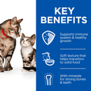 Picture of an tabby adult cat and a tabby and white kitten pictured next to a blue section with white text stating 'Key Benefits, Supports immune system & healthy growth, Soft texture that helps transition to solid food, With minerals for strong bones & teeth'. 
