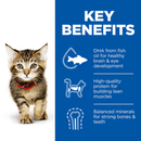 Picture of an tabby kitten wearing a red collar pictured next to a blue section with white text stating 'Key Benefits, DHA from fish oil for healthy brain & eye development, High-quality protein for building lean muscles, Balanced minerals for strong bones & teeth'. 