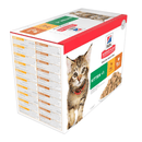 Side view of box of wet cat food pouches with a brown tabby kitten pictured on the box, text on the box says 'Kitten <1' and 'with Chicken x6 and with Turkey x6' below is a picture of the wet food. 