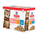 Box of wet cat food pouches with an adult brown tabby cat pictured on the box, text on the box says 'Light Adult 1-6' and 'with Chicken x6 and with Ocean Fish x6' below is a picture of the wet food. 