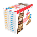 Side view of box of wet cat food pouches with an adult brown tabby cat pictured on the box, text on the box says 'Light Adult 1-6' and 'with Chicken x6 and with Ocean Fish x6' below is a picture of the wet food. 