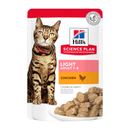 Wet cat food pouch with a brown tabby cat pictured on the packet, text on pouch says 'Light Adult 1-6' and 'with Chicken' below is a picture of the wet food. 