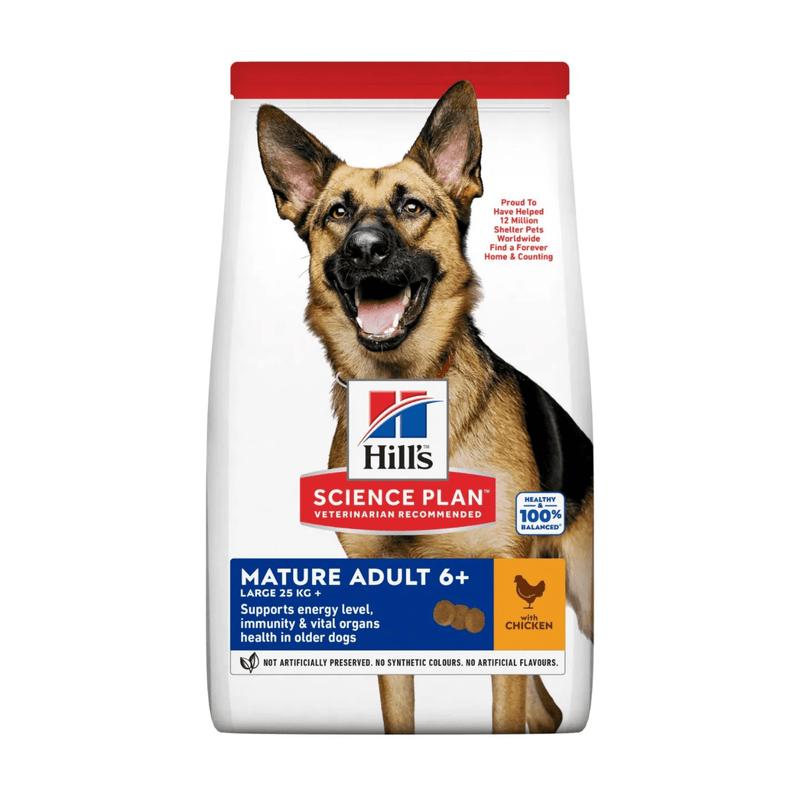 Hills Science Plan dry dog food packaged in a white bag with an adult grey German Shepherd dog pictured on the bag. Text on bag say 'Hill's Science Plan, veterinarian recommended' and 'Mature Adult 6+, Large 25kg+' with a chicken pictured with text 'with chicken' beneath on white background. 