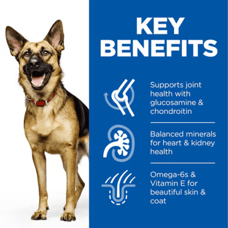 Picture of an adult German Shepherd pictured next to a blue section with white text stating 'Key Benefits, Supports joint health with glucosamine & chondroitin, Balanced minerals for heart & kidney health, Omega-6s & Vitamin E for beautiful skin & coat'. 