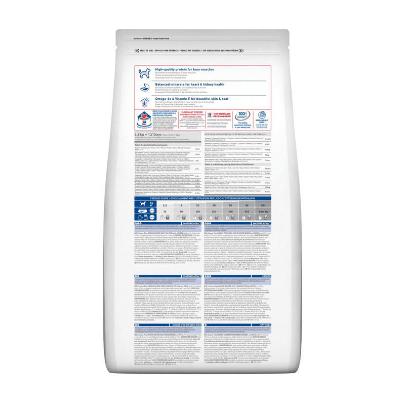 Back view of bag of Hills Science Plan dry dog food packaged in a white bag on white background.  